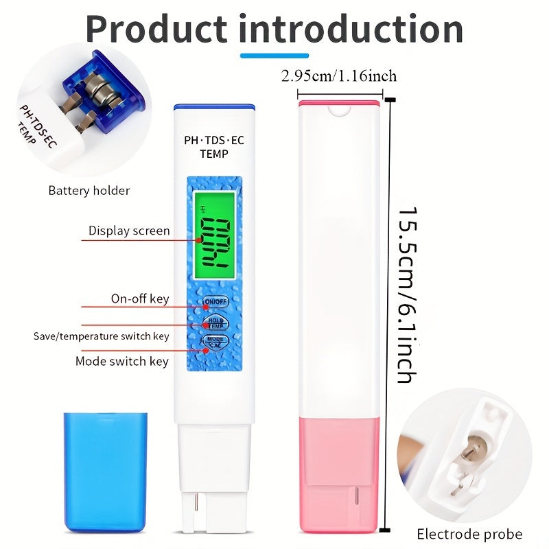 1pc, 4in 1 Water Quality Tester PH Meter EC/TDS/TEMP Monitor Digital LCD Backlight Pools Drinking Water Aquarium Analysis Instrument