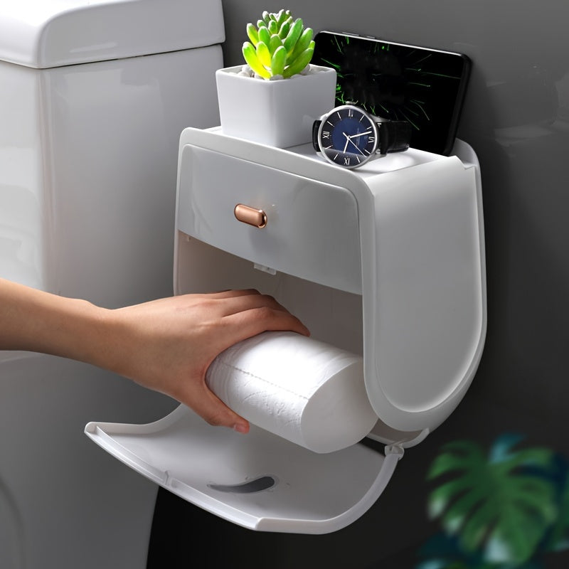 1pc Wall Mount Toilet Paper Holder with Double Capacity - Waterproof Storage Box for Bathroom Tissues - Space-Saving Bathroom Organizer