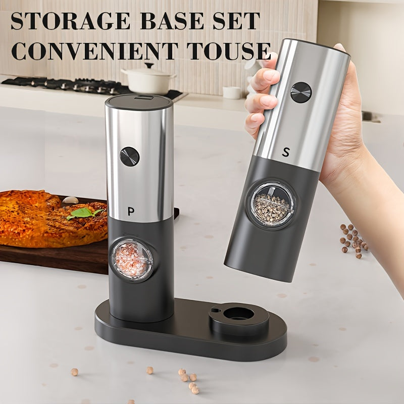 2pcs, Electric Salt And Pepper Grinder Set With Storage Base, Battery Powered, Automatic Grinder With LED Light, Adjustable Coarseness, One-hand One-button Start, Set- Battery Not Included