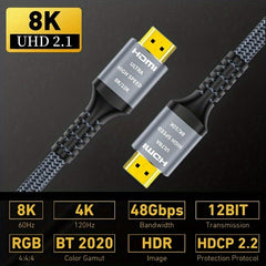 8K HDMI Cable 2.1 48Gbps, Hdmi 2.1 High Speed HDMI Braided Cord-4K@120Hz 8K@60Hz, DTS:X, HDCP 2.2 & 2.3, HDR 10 Compatible With Roku TV/PS5/PS4HDTV/RTX 3080/RTX 3090/Blu-ray