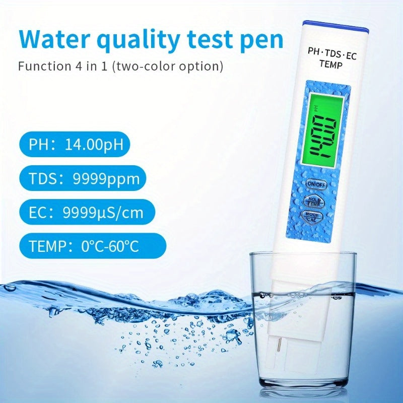 1pc, 4in 1 Water Quality Tester PH Meter EC/TDS/TEMP Monitor Digital LCD Backlight Pools Drinking Water Aquarium Analysis Instrument