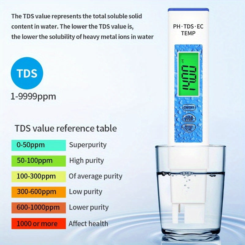 1pc, 4in 1 Water Quality Tester PH Meter EC/TDS/TEMP Monitor Digital LCD Backlight Pools Drinking Water Aquarium Analysis Instrument