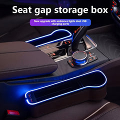 Car Seat Gap Organizer with LED Ambient Lighting, PU Leather Multifunctional Console Side Pocket with Dual USB Charging Ports, Universal Fit Storage Box for Vehicle Interior Accessories