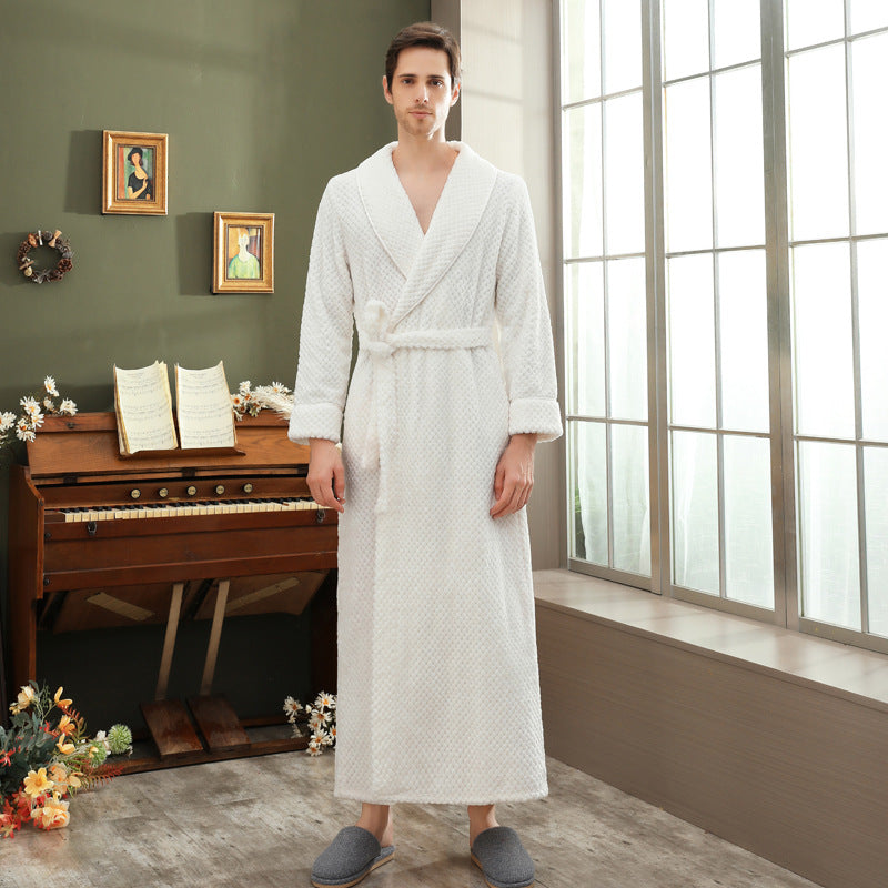 Autumn and winter extended thick couple bathrobe flannel waist cinched nightgown women's long sleepwear men's home clothes