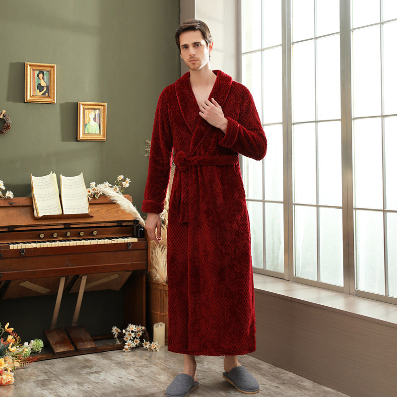 Autumn and winter extended thick couple bathrobe flannel waist cinched nightgown women's long sleepwear men's home clothes