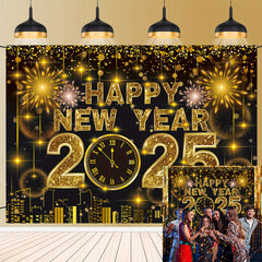 2025 Happy New Year Party Backdrop - Black & Golden Fireworks Glitter Design, Polyester Photography Background for New Years Eve Celebration, Party Decorations