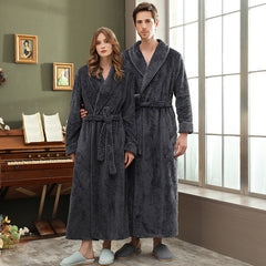 Autumn and winter extended thick couple bathrobe flannel waist cinched nightgown women's long sleepwear men's home clothes