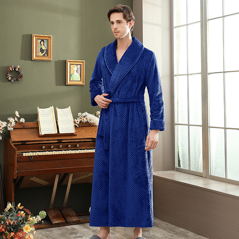 Autumn and winter extended thick couple bathrobe flannel waist cinched nightgown women's long sleepwear men's home clothes