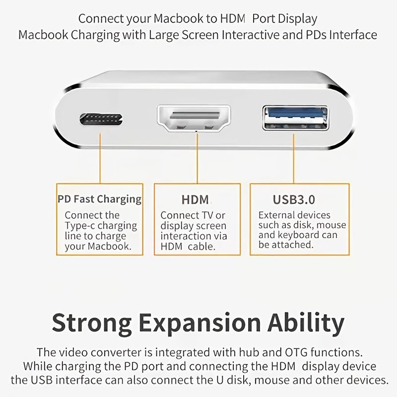 Enhance Your Connectivity with the 3-in-1 Type-C to 4K HDMI-compatible USB 3.1 Charging Adapter!