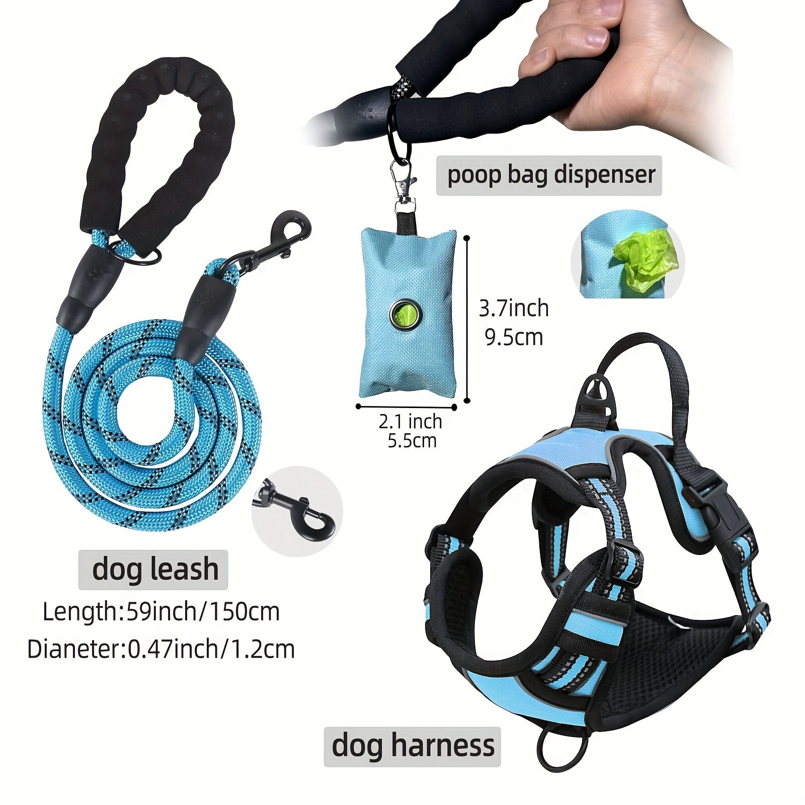 3pcs Escape-Proof Dog Harness Set with Leash and Poop Bag Dispenser - Perfect for Medium and Large Dogs Walking, Adjustable and Soft