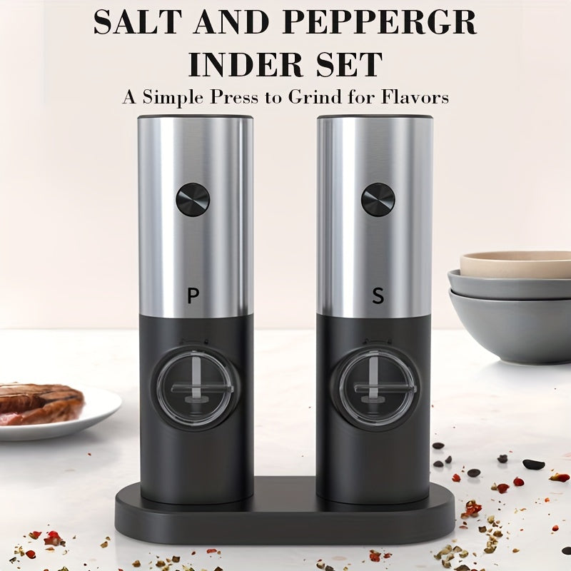 2pcs, Electric Salt And Pepper Grinder Set With Storage Base, Battery Powered, Automatic Grinder With LED Light, Adjustable Coarseness, One-hand One-button Start, Set- Battery Not Included