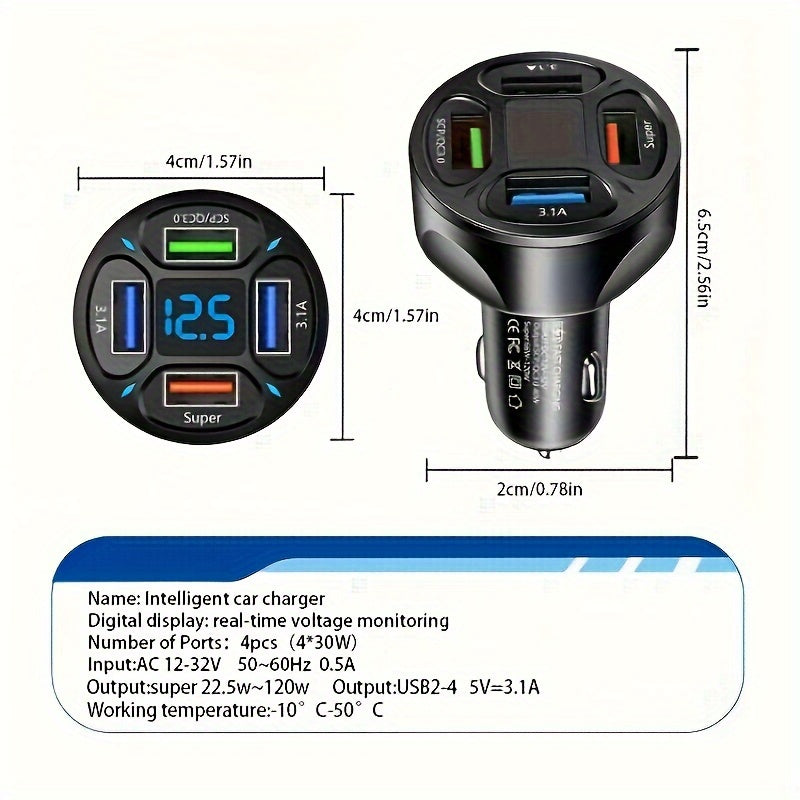 High-Speed 120W 4-in-1 Car Charger with Digital Display | Car Accessories |