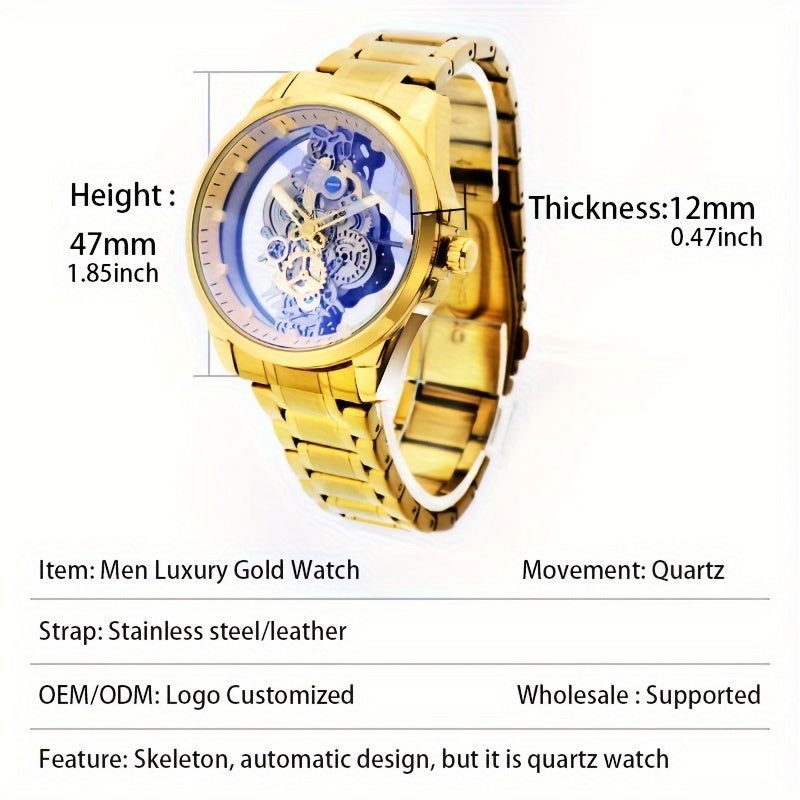 Elevate Your Style with the Golden Skeleton Automatic Quartz Wrist Watch for Men | Men Watches|