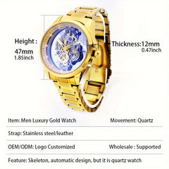 Elevate Your Style with the Golden Skeleton Automatic Quartz Wrist Watch for Men | Men Watches|