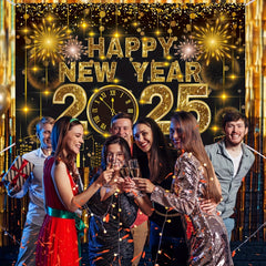 2025 Happy New Year Party Backdrop - Black & Golden Fireworks Glitter Design, Polyester Photography Background for New Years Eve Celebration, Party Decorations