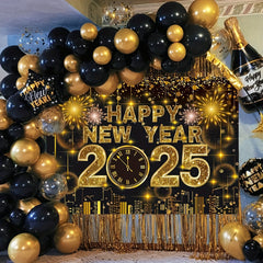 2025 Happy New Year Party Backdrop - Black & Golden Fireworks Glitter Design, Polyester Photography Background for New Years Eve Celebration, Party Decorations