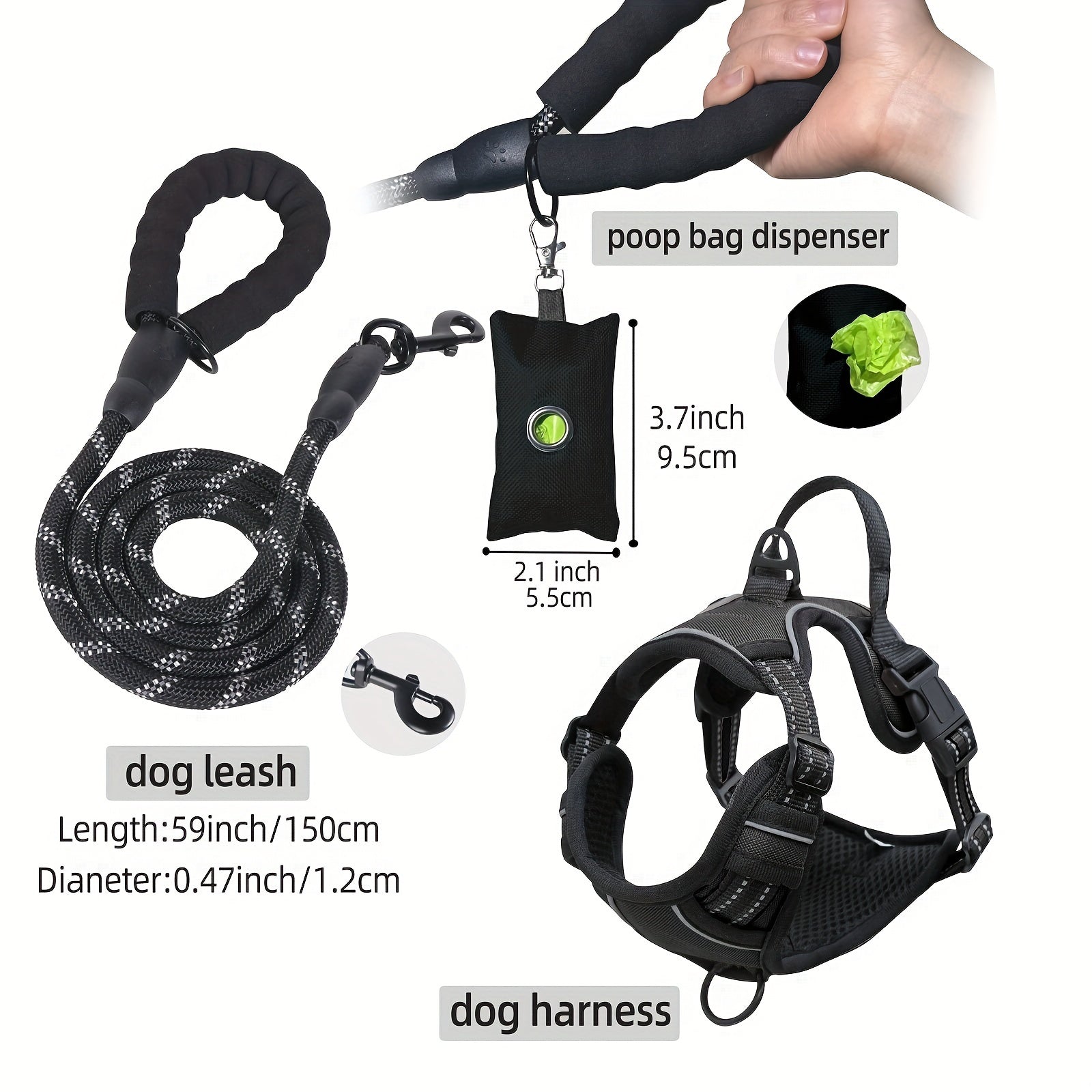 3pcs Escape-Proof Dog Harness Set with Leash and Poop Bag Dispenser - Perfect for Medium and Large Dogs Walking, Adjustable and Soft