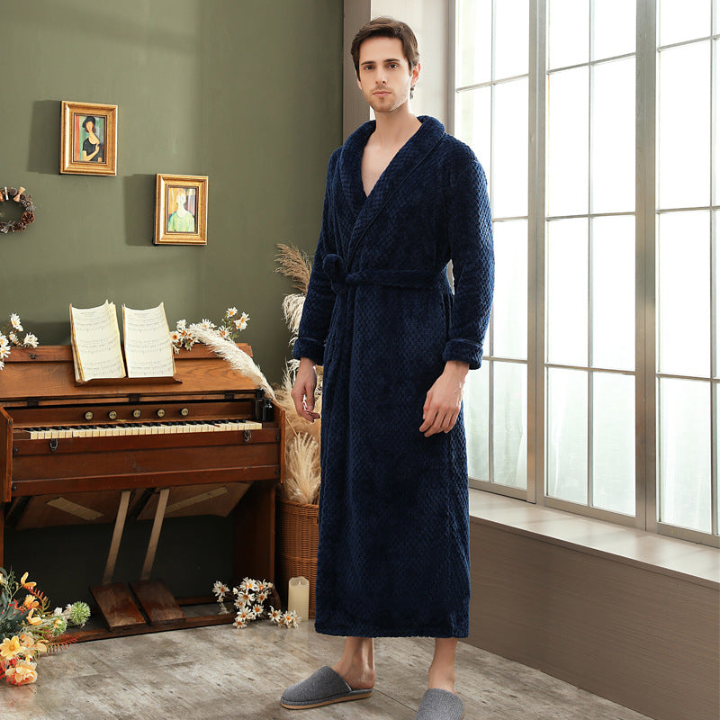 Autumn and winter extended thick couple bathrobe flannel waist cinched nightgown women's long sleepwear men's home clothes