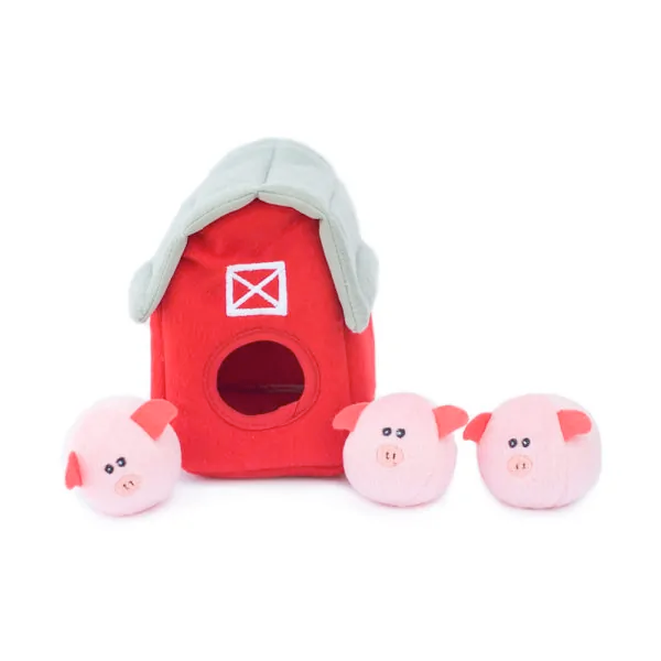 Zippy Burrow Sniff 'n Search Squeaky Dog Toy, Pig Barn with Bubble Babiez