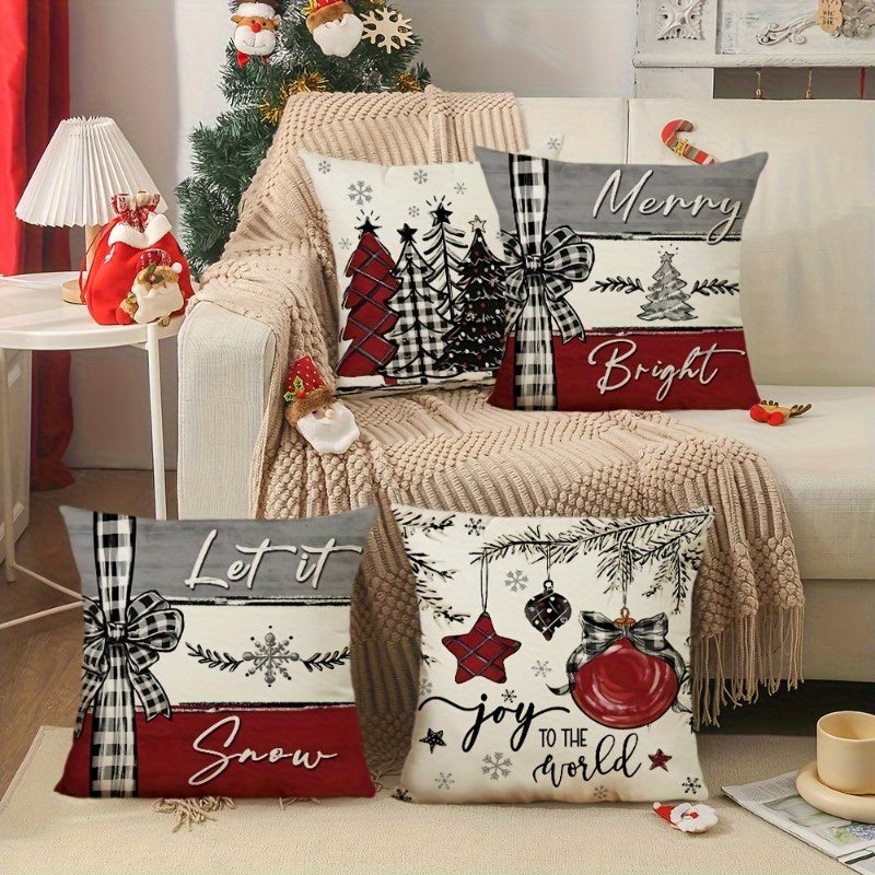 4pcs Set of Festive Christmas Tree & Bow Throw Pillow Covers - Soft Peach Skin Velvet, Zip Closure, Machine Washable - Perfect for Living Room, Bedroom, Sofa Decor