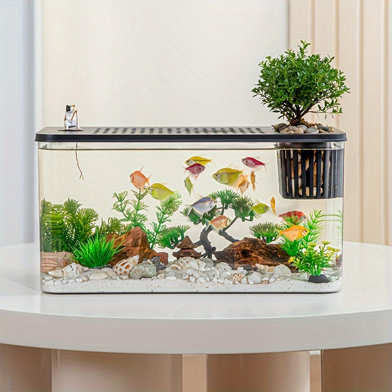 Large Capacity Square Fish Tank with Lid, Transparent Aquarium, Durable ABS Material, Self-Sustaining Desktop Aquatic Ecosystem for Betta Fish, Goldfish, and Small Aquatic Plants