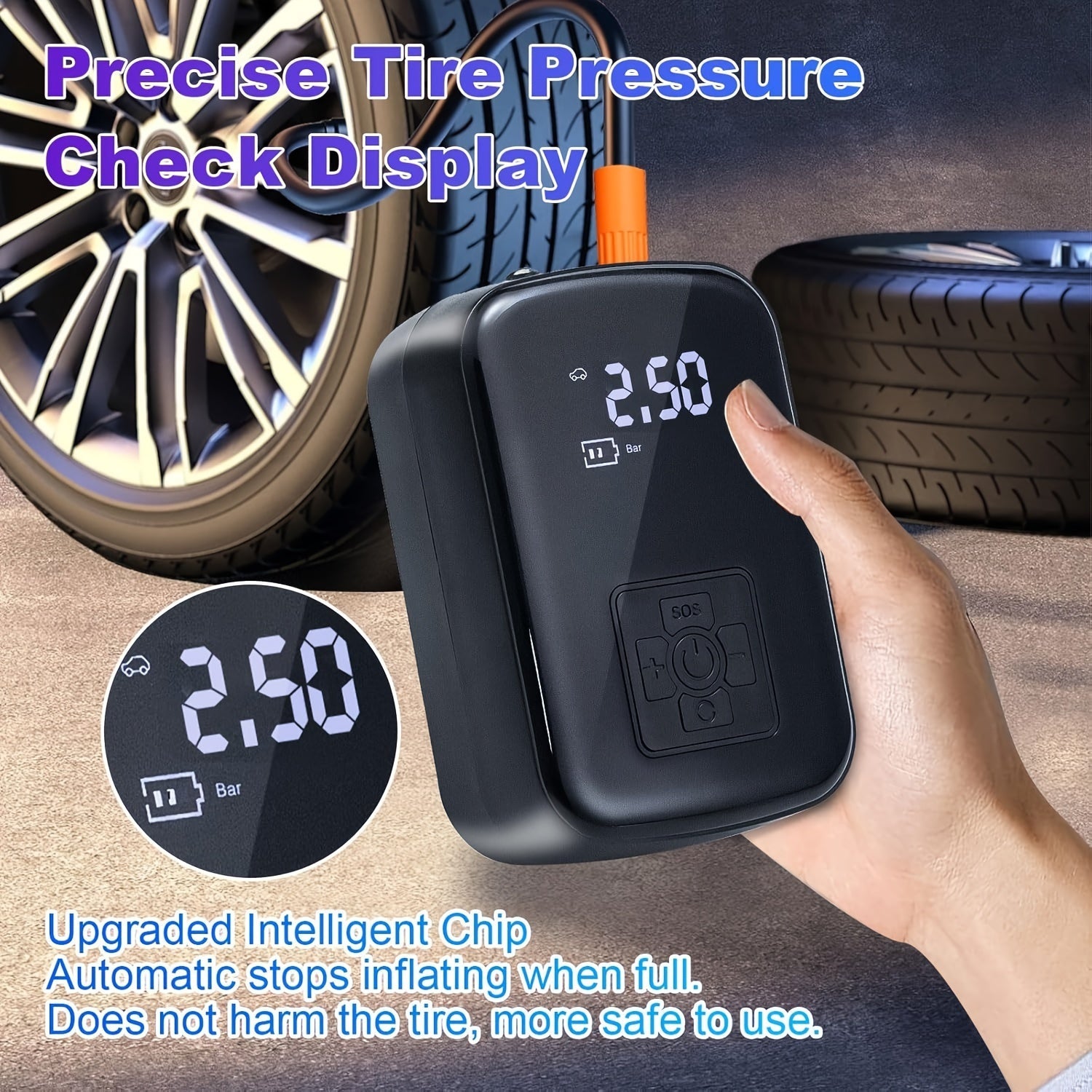 1pc Portable Wireless Portable Air Compressor With LED Light, Suitable For Tire Inflation And Car/Bike/Motorcycle/Ball