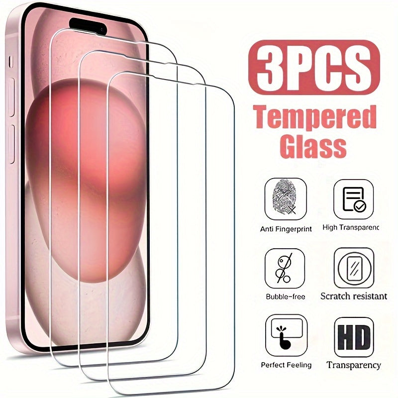 3pcs High-Definition Tempered Glass Screen Protectors for iPhone 11, 12, 13, 14, 15, 16 Pro Max, 14, 15, 16 Plus