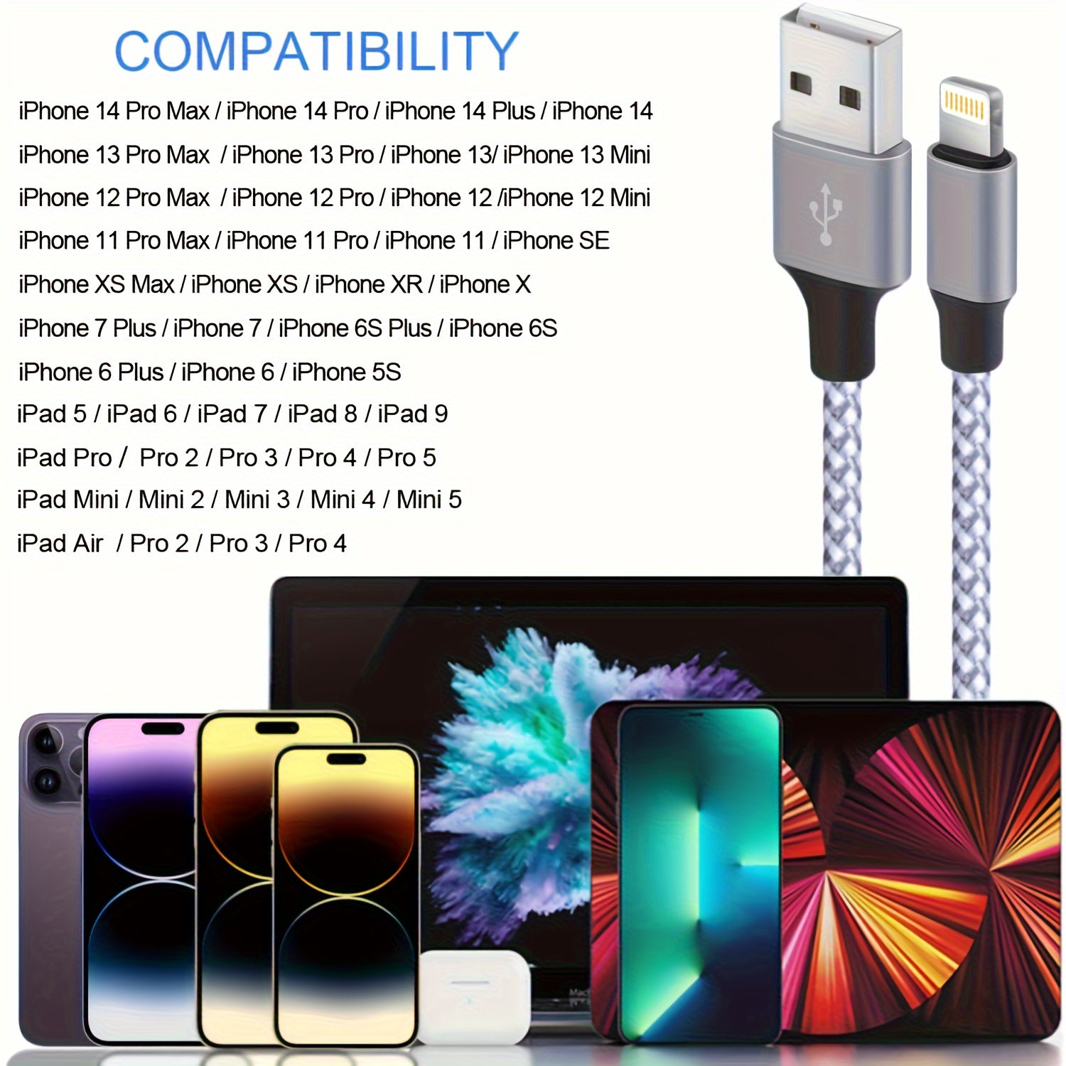 3-Pack 10FT Nylon Braided iPhone Charging Cable - High Speed & Durable | Charging Cables |